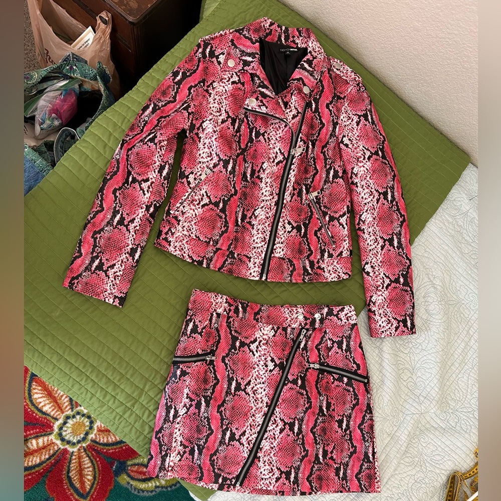 NWOT Fashion Nova Stop Staring Pink Moto Jacket and Mini Skirt SET- Faux Leather